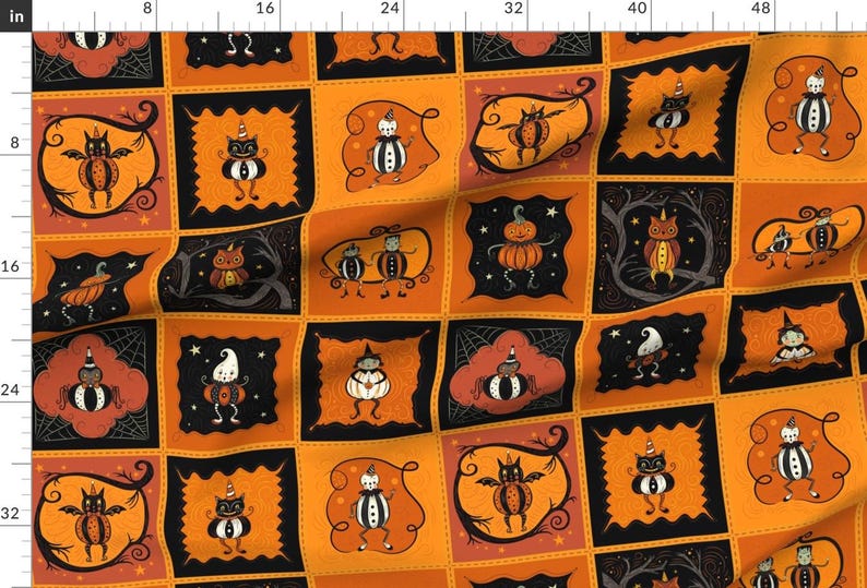 Vintage Style Fabric - Halloween Patchwork by johannaparkerdesign - Patchwork Frankenstein Spider Ghost Fabric by the Yard by Spoonflower image 2