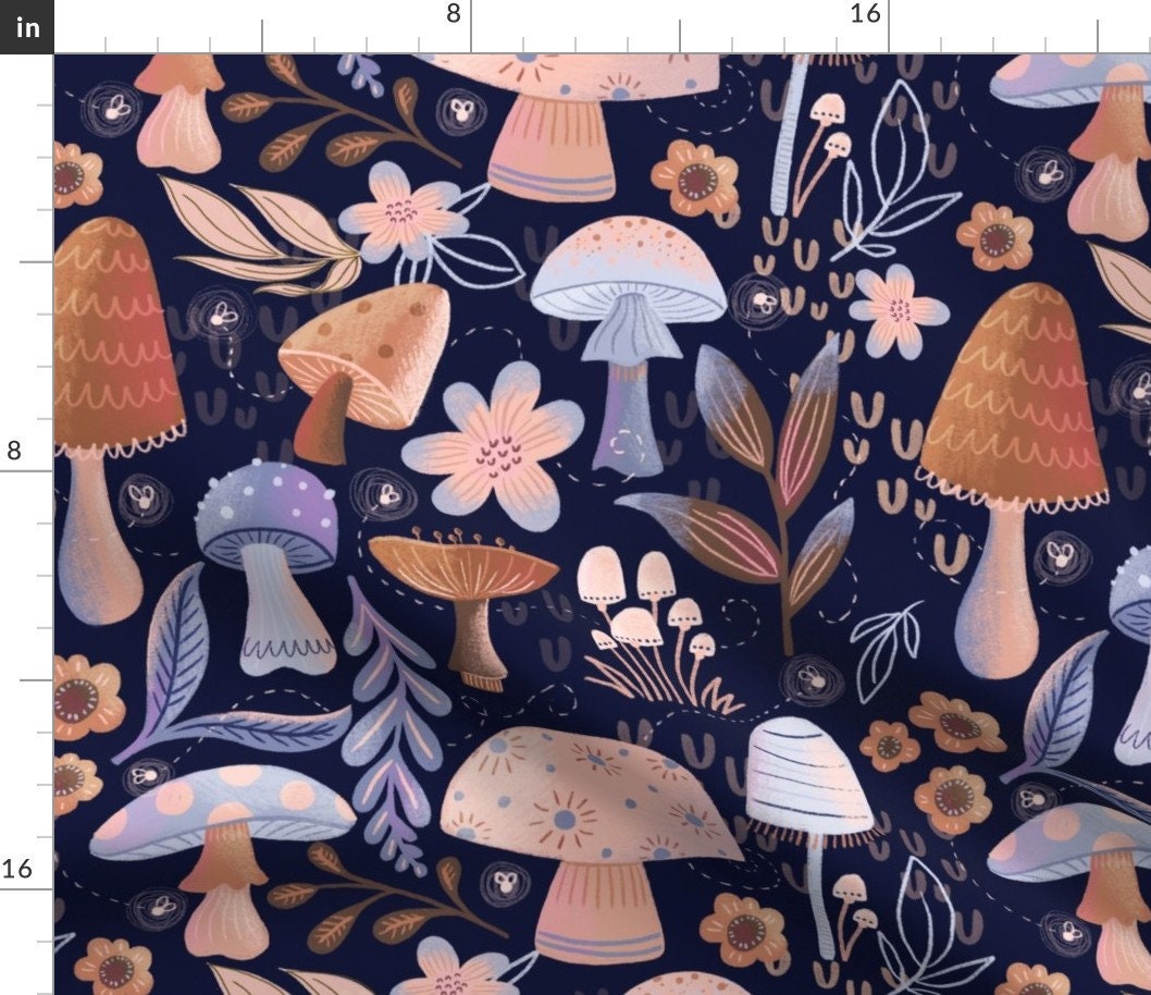 Mushrooms Fabric Fap Nightshrooms by Fineapple Pair Blue | Etsy