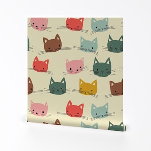 Cats Wallpaper - Cats In Colors1 By Potyautas - Nursery Kitty Faces Custom Printed Removable Self Adhesive Wallpaper Roll by Spoonflower