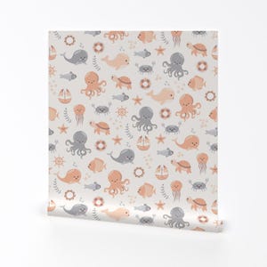 Whimsical Coastal Removable Peel and Stick Wallpaper - Nautical Coral Orange Gray - Wall Art Wall Decor - Baby Ocean Animals by trilbyworks