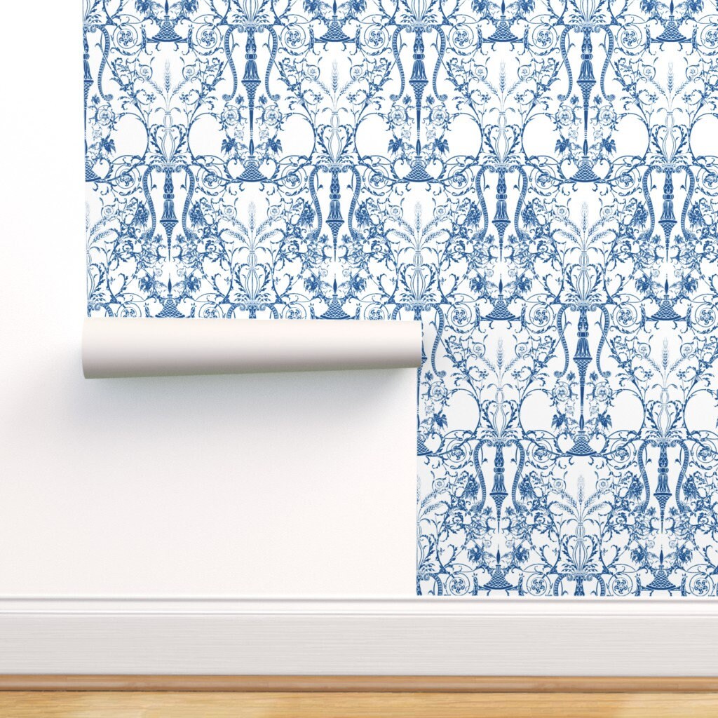 Damask Wallpaper Bedroom White Blue by Peacoquettedesigns | Etsy