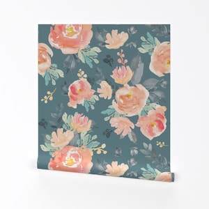 Floral Wallpaper - 4&quot; Coral Gray And Mint Florals Green By Shopcabin - Custom Printed Removable Self Adhesive Wallpaper Roll by Spoonflower