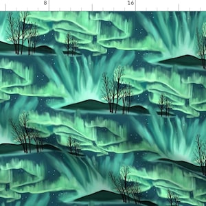 Green Aurora Borealis Fabric - Aurora Borealis By Vinpauld - Watercolor Aurora Borealis Cotton Fabric By The Yard With Spoonflower