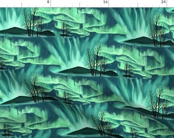 May include: A seamless pattern featuring a dark blue background with a repeating design of green and blue aurora borealis lights, silhouetted trees, and small hills.