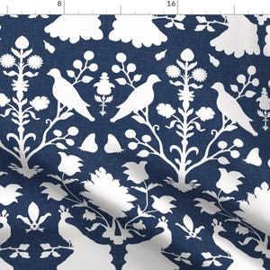 Damask Birds Fabric - Oiseaux In Navy By Willowlanetextiles - Modern Peacocks Home Upholstery Cotton Fabric By The Yard With Spoonflower