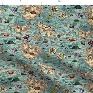 Ancient Sea Monsters Map Fabric - Map Monsters - Ancient Blue By Thirdhalfstudios - Nautical Kids Cotton Fabric By The Yard With Spoonflower