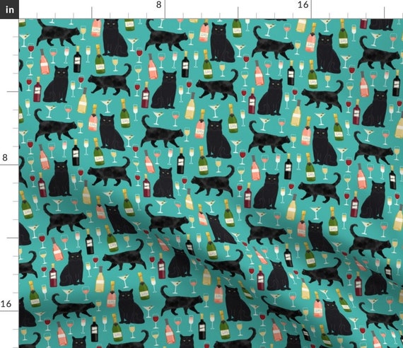 Black Cat Fabric Wine Champagne Cheers Cute Rose Kitty Aqua | Etsy