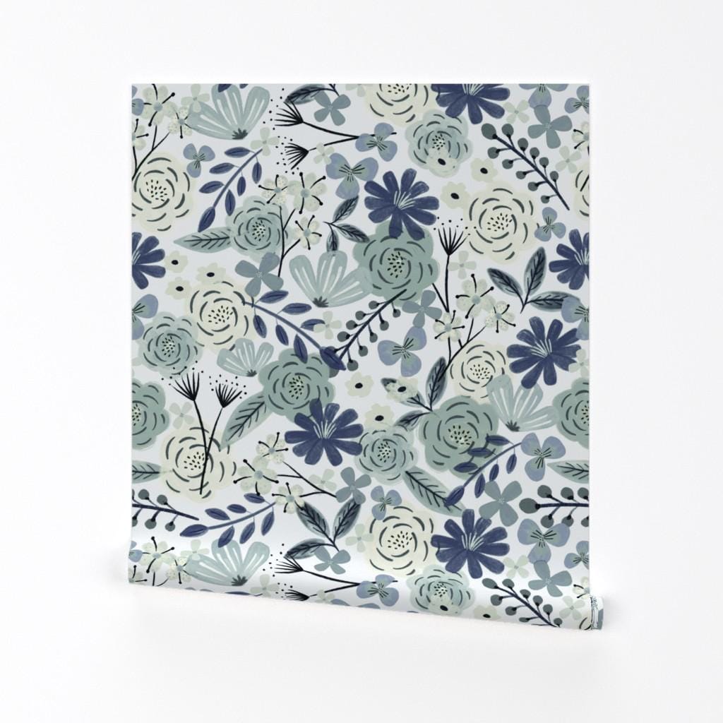 Blue Boho Floral Removable Peel and Stick Wallpaper - Sage Green Floral Wilderness - Wall Art Wall Decor - Flower Child Boho by roochita