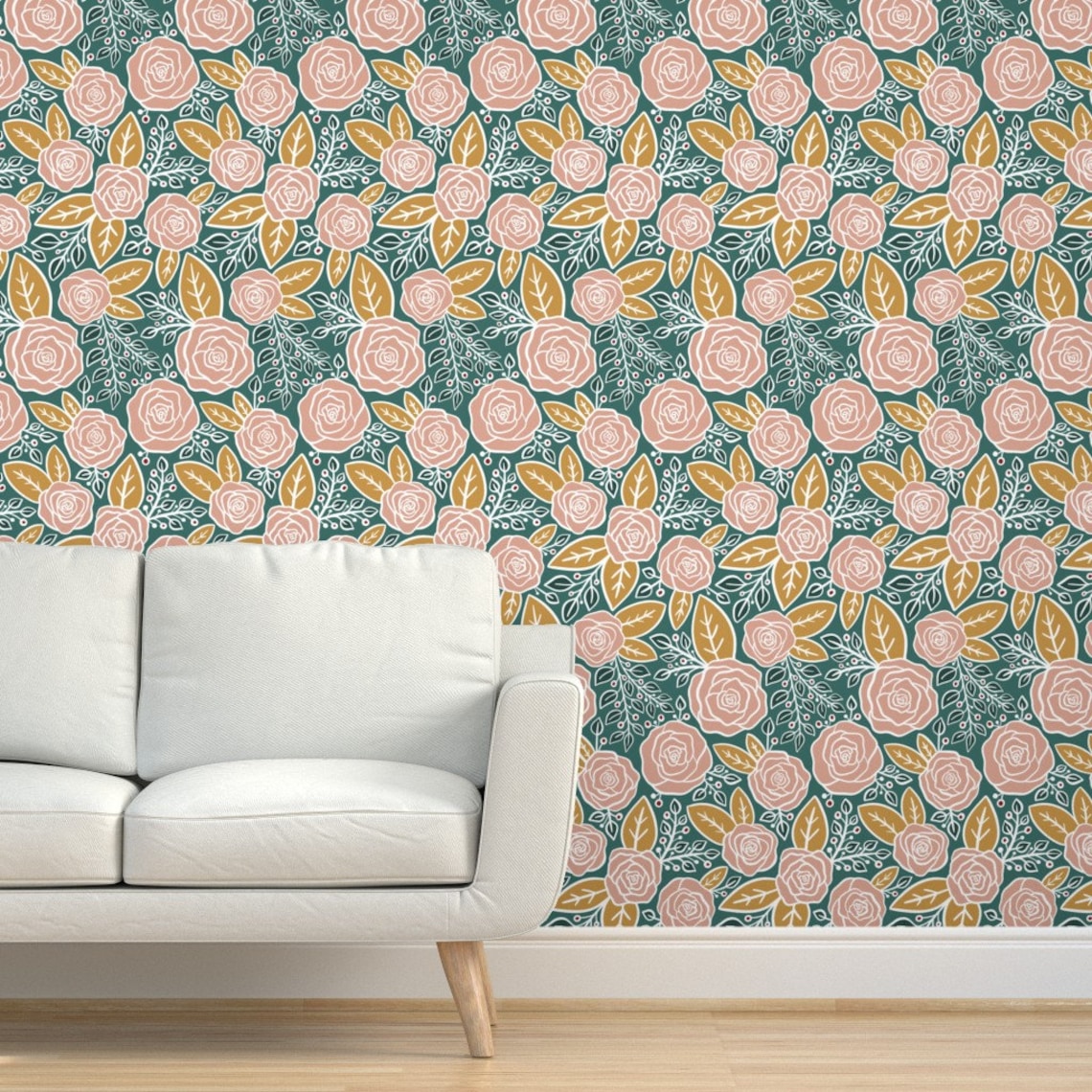 Floral Wallpaper Pink Roses Mustard Yellow by New Branch Etsy