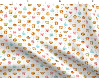 May include: A white background with a repeating pattern of various food items, including a sandwich, a waffle, a cup of coffee, and a hamburger. Each food item has a smiling face and is surrounded by colorful confetti.