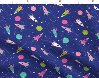 Rocket Fabric -Reach For The Stars By Natalee Wegmann- Rocket Spaceship Galaxy Science Girl Decor Cotton Fabric By The Yard With Spoonflower
