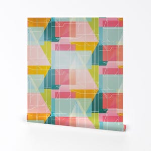 1950s Wallpaper - Midcentury Abstract By Jenflorentine - Colorful Blue Pink Retro Removable Self Adhesive Wallpaper Roll by Spoonflower