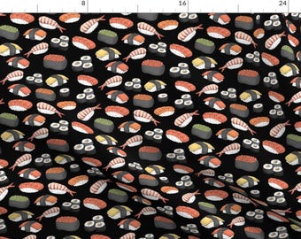 Kawaii Sushi Fabric - Sushi Roll (Black Background) Funny Food By Khaus - Cute Novelty Kitchen Cotton Fabric by the Yard with Spoonflower