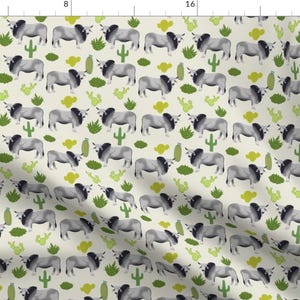 Brahman Cow Fabric - Brahman Cattle Cow And Cactus Design - Off-White By Petfriendly - Brahman Cotton Fabric By The Yard With Spoonflower