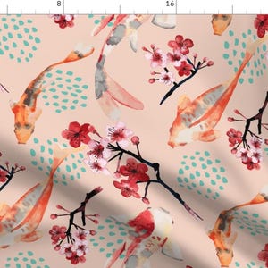 Koi Fish Fabric - Japanese Garden By Limezinniasdesign - Koi Fish Japanese Orange Blush Blue Dots Cotton Fabric By The Yard With Spoonflower