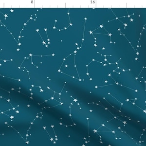 May include: A teal blue fabric with a white constellation pattern. The fabric features a repeating pattern of stars connected by thin lines, creating a celestial design.