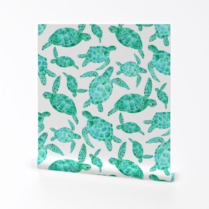 Turtles Wallpaper - Sleepy Sea Turtles By Katiethomascreative - Turtles Custom Printed Removable Self Adhesive Wallpaper Roll by Spoonflower