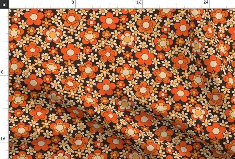 70s Fabric - Flower Power, 70’S, 60,S, Retro By Lr-Studio - 70s Geometric Flowers Orange Brown Cotton Fabric By The Yard With Spoonflower image 1