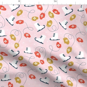 Christmas Figure Skating On Pink Fabric - Skates And Mittens On Pink By Lidiebug - Christmas Cotton Fabric By The Yard With Spoonflower