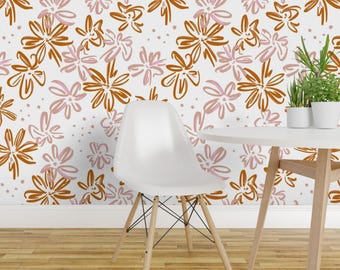 Hand Drawn Peel and Stick Wallpaper - Blooms Dots Floral Burnt Orange - Removable Wall Decor Art - Fanciful Flowers by anniemontgomerydesign