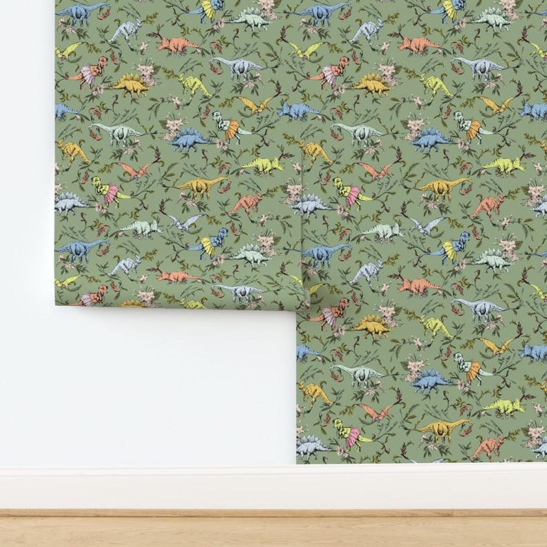 Dinosaur Wallpaper - Dino Dancer Dusk By Pattern State - Green Dinosaur Custom Printed Removable Self Adhesive Wallpaper Roll by Spoonflower image 4