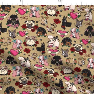 Dogs Fabric - Tattoo Pooch- Tan - Large By Miss Fluff - Dog Heads Tattoos Anchor Hearts Horseshoe Cotton Fabric By The Yard With Spoonflower 画像 1