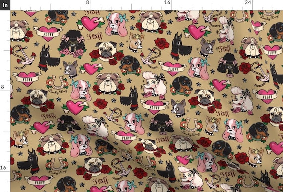 Dogs Fabric - Tattoo Pooch- Tan - Large By Miss Fluff - Dog Heads Tattoos Anchor Hearts Horseshoe Cotton Fabric By The Yard With Spoonflower