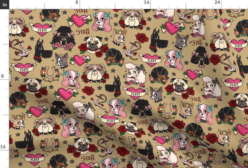 Dogs Fabric - Tattoo Pooch- Tan - Large By Miss Fluff - Dog Heads Tattoos Anchor Hearts Horseshoe Cotton Fabric By The Yard With Spoonflower 画像 1