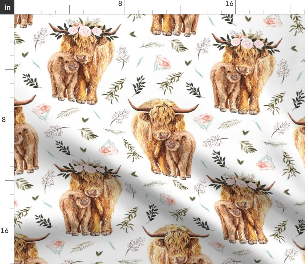 Highland Cow Floral Fabric Pink Spring Highland Cow Floral by Karolina  Papiez Highland Cow Cotton Fabric by the Yard With Spoonflower 