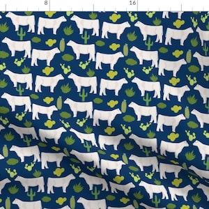 Cattle Fabric - Charolais Cow And Cactus Farm Animal - Navy By Petfriendly Beef Cow Steer - Cotton Fabric by the Yard With Spoonflower