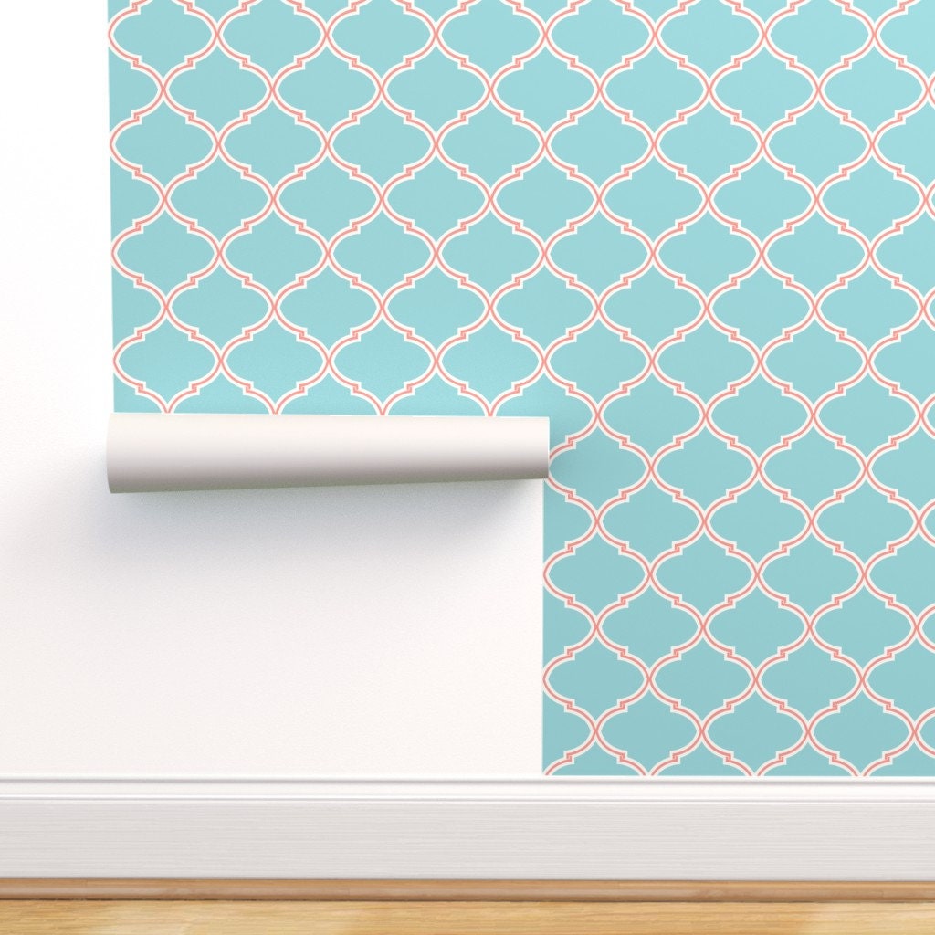 Removable Water-Activated Wallpaper Quatrefoil Ogee Coral White 