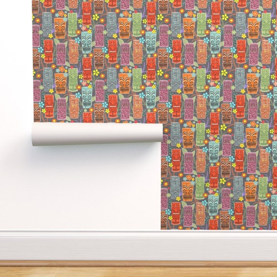 Tiki Wallpaper Mid Century Tiki on Gray by Vinpauld Tiki | Etsy