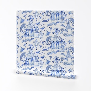 Chinoiserie Wallpaper - Hand Painted Watercolor Chinoiserie By Pattern Garden - Blue Removable Self Adhesive Wallpaper Roll by Spoonflower