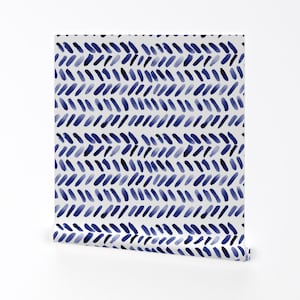 Indigo Wallpaper - Indigo Inky Herringbone Boho By Laurawrightstudio - Indigo Chevron Removable Self Adhesive Wallpaper Roll by Spoonflower