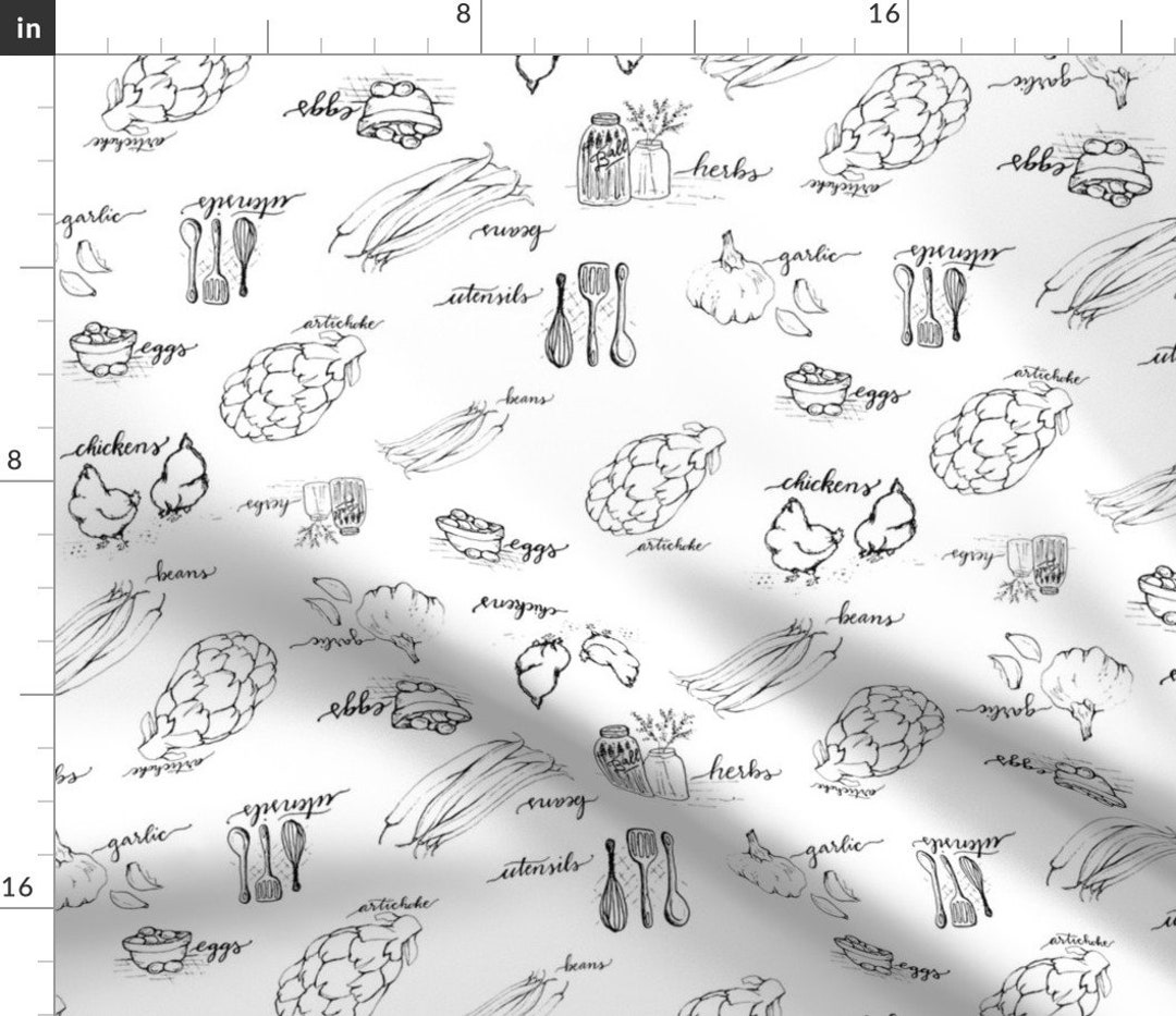 Kitchen Fabric Farm to Table Pattern by Heatherbiederman White Black