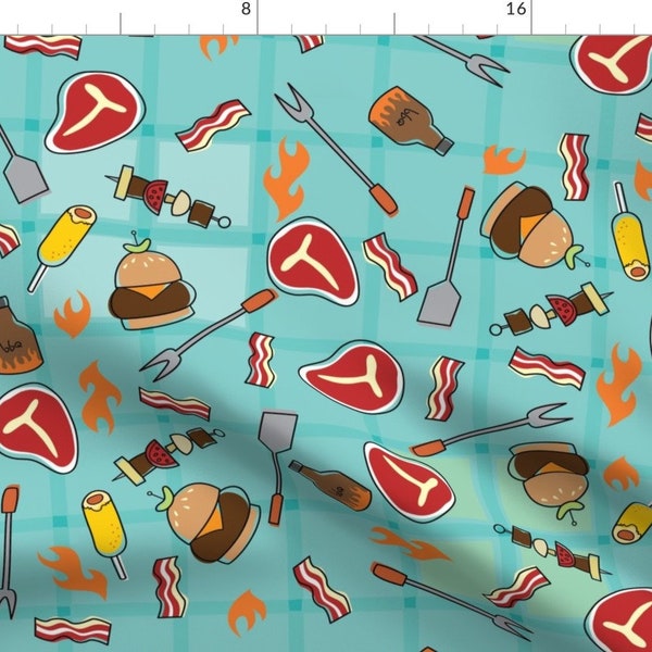 Summer Bbq Fabric - Stuff For Dudes- Bbq By Cynthiafrenette - Cookout Grill Meat Burgers Blue Bbq Cotton Fabric By The Yard With Spoonflower