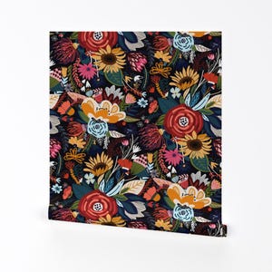 Bright Floral Removable Peel and Stick Wallpaper - Maximalist Yellow Pink Blue  - Wall Art Wall Decor - Popping Moody Floral by tigatiga