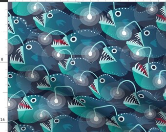 Angler Fish Fabric - Bioluminescent Biters By Nanshizzle - Underwater Ocean Blue Green Fish Kids Cotton Fabric By The Yard With Spoonflower