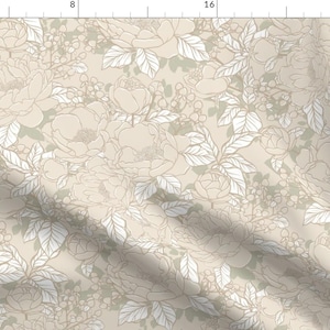 Garden Fabric - Neutral Peonies  by crest_and_clover_ - Tan Neutral Beige Botanical Peonies Fabric by the Yard by Spoonflower