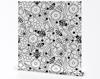 Floral Wallpaper - Blooms And Bugs Coloring Book Wallpaper By Illustrative Images - Removable Self Adhesive Wallpaper Roll by Spoonflower