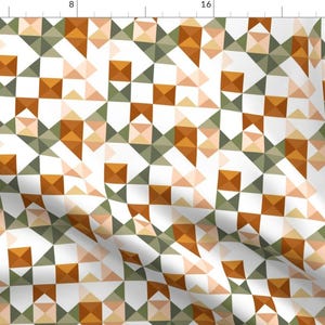 May include: A seamless pattern featuring a geometric design with squares and triangles in shades of orange, brown, peach, and green on a white background.