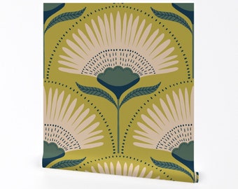 Deco Floral Fans Wallpaper - Citron by scarlet_soleil - Green Chartreuse Geometric Flowers Removable Peel and Stick Wallpaper by Spoonflower