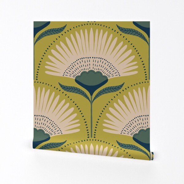 Deco Floral Fans Wallpaper - Citron by scarlet_soleil - Green Chartreuse Geometric Flowers Removable Peel and Stick Wallpaper by Spoonflower