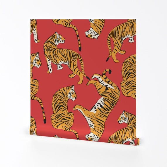 Tigers Wallpaper - Tigers 005 By Bluelela - Orange Coral Big Cat Africa Jungle Bold Removable Self Adhesive Wallpaper Roll by Spoonflower