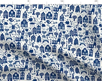 Cityscape Fabric - Delft City By Bora Holland Netherlands Europe Canal Indigo on White Landmark - Cotton Fabric By The Yard With Spoonflower