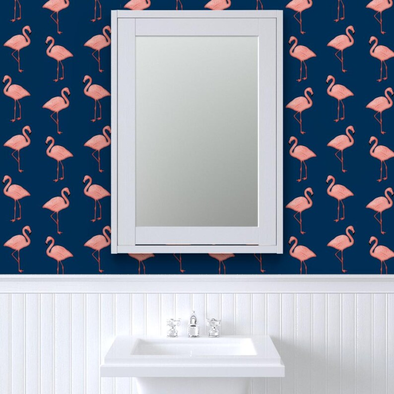 Flamingo Wallpaper - Flamingos On Navy By Willowlanetextiles - Flamingo Custom Printed Removable Self Adhesive Wallpaper Roll by Spoonflower image 8