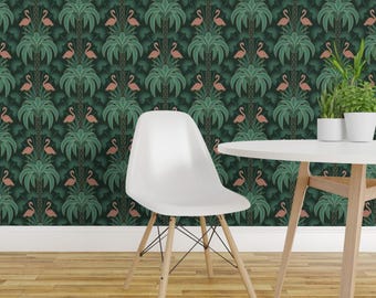 Tropical Damask Peel and Stick Wallpaper - 1920s Style Deep Emerald Green - Removable Wall Decor Art - Flamingos And Palms by hannahshields