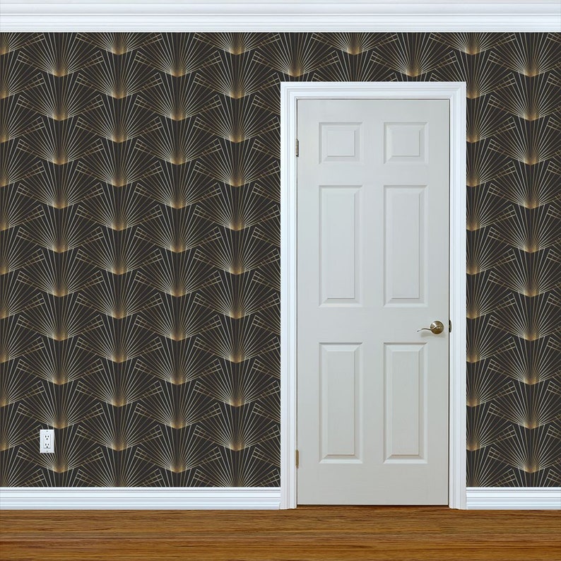Gold Wallpaper Gold Palmettos On Black By Jenlats Art Deco Tropic Custom Printed Removable Self Adhesive Wallpaper Roll by Spoonflower