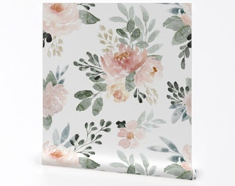 Floral Wallpaper - Spring Dream By Northeighty - Watercolor Nursery Farmhouse Pink Removable Self Adhesive Wallpaper Roll by Spoonflower