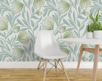 Botanisch Peel-and-Stick-behang - moderne bloemen retro - verwijderbare muurdecoratiekunst - paardebloem Glamour blauw en groen XL van krystinmann